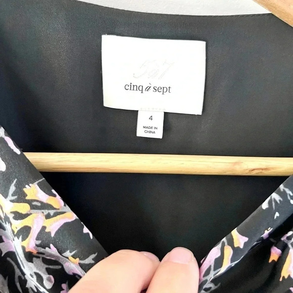 Cinq a Sept Nanon Silk Ruched Black Floral Ruffle Midi Sheath Dress Size 4 - Picture 6 of 16